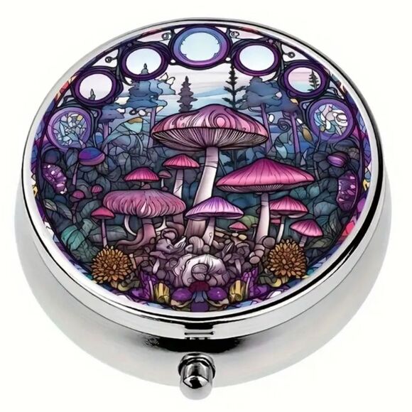 Mushroom Wonderland Pill Box Medicine Mini Steel Case Mirrored Travel Purse Size - Picture 8 of 8